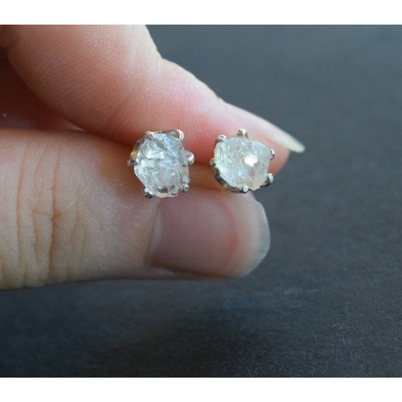 Sterling silver stud earrings, alternative diamond, uncut natural gemsto… - Picture 1 of 5
